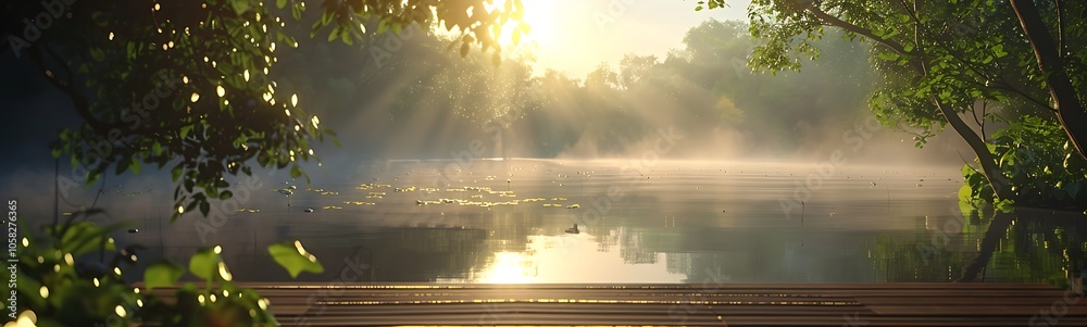 Poster a tranquil morning scene with mist rising over a serene lake, surrounded by lush greenery and illumi