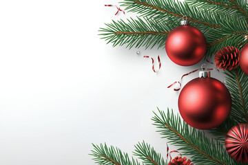 Bright red holiday frame with glossy 3D ornaments and fir branches, seasonal design