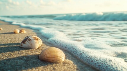 Obraz premium Side view of a serene beach with detailed close-ups of seashells, gentle waves rolling in, and