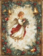 Christmas angel with wreath and bells in festive floral frame
