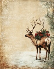 Vintage reindeer with gifts in snowy forest on aged background
