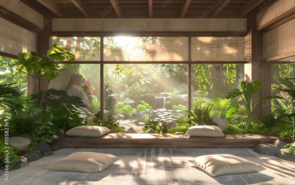Poster a serene indoor space with natural light, surrounded by lush greenery, creating a tranquil atmospher