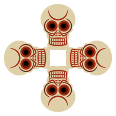 Square cross shape design with four stylized human skulls. Ancient Tibetan death symbol. 