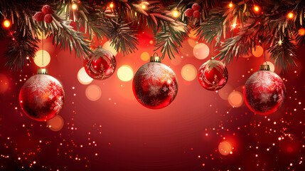 Christmas-themed 3D design with red baubles and fir branches on a festive red background