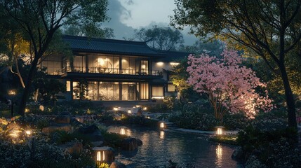 Fototapeta premium a big fancy modern house with traditional chinese and japanese architectul elements, surrounded by a garden with japanese and chinese flowers 
