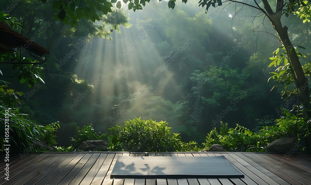 Poster A serene yoga space in a forest, illuminated by soft rays of sunlight filtering through lush greenery.