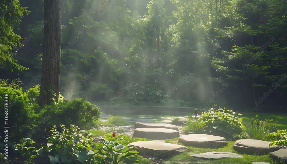 Poster a serene forest scene features misty sunlight illuminating stone pathways surrounded by lush greener
