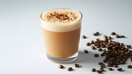 Cup of freshly brewed coffee with creamy foam and scattered beans on white surface