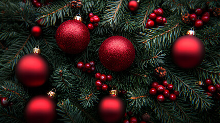 Festive Christmas background with 3D red ornaments and green pine branches, vibrant holiday colors