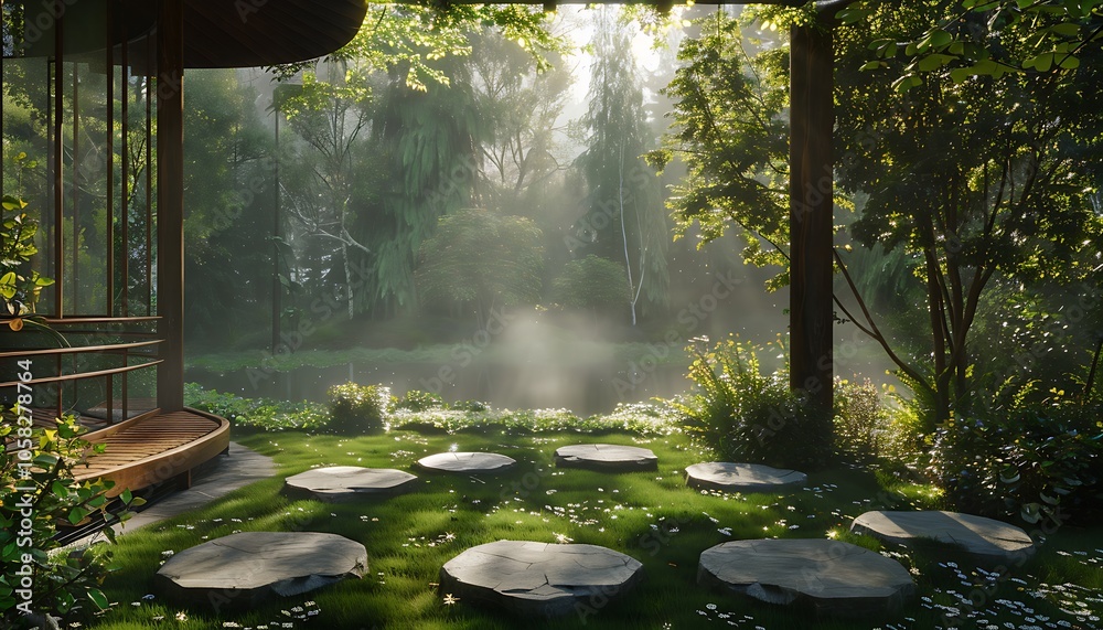 Poster a serene garden scene features stepping stones leading to a misty pond, surrounded by lush greenery 