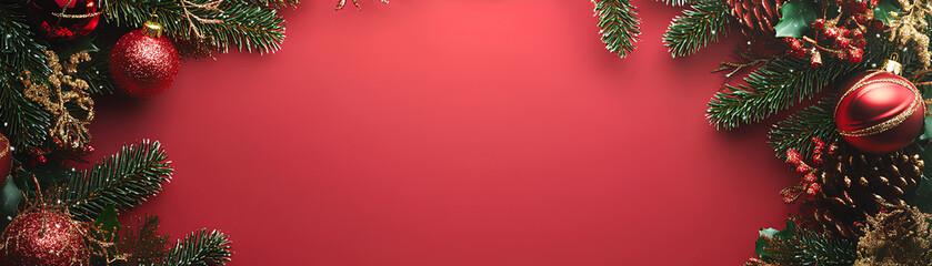Obraz premium Festive red Christmas frame with green pine and shiny 3D ornaments.