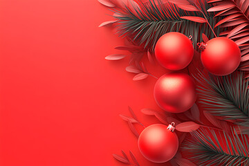 Holiday background with 3D red baubles and pine leaves on a bright red background