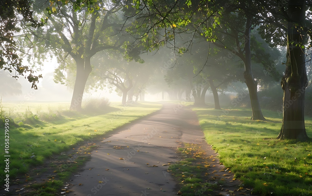 Poster a tranquil pathway shrouded in morning fog, bordered by lush greenery and trees, creates a serene at
