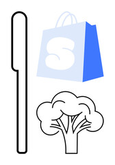 Bag, tree, and reusable product symbolize sustainable practices and eco-friendliness. Ideal for environmental campaigns, sustainable shopping, reusable product promotion, eco-conscious lifestyle