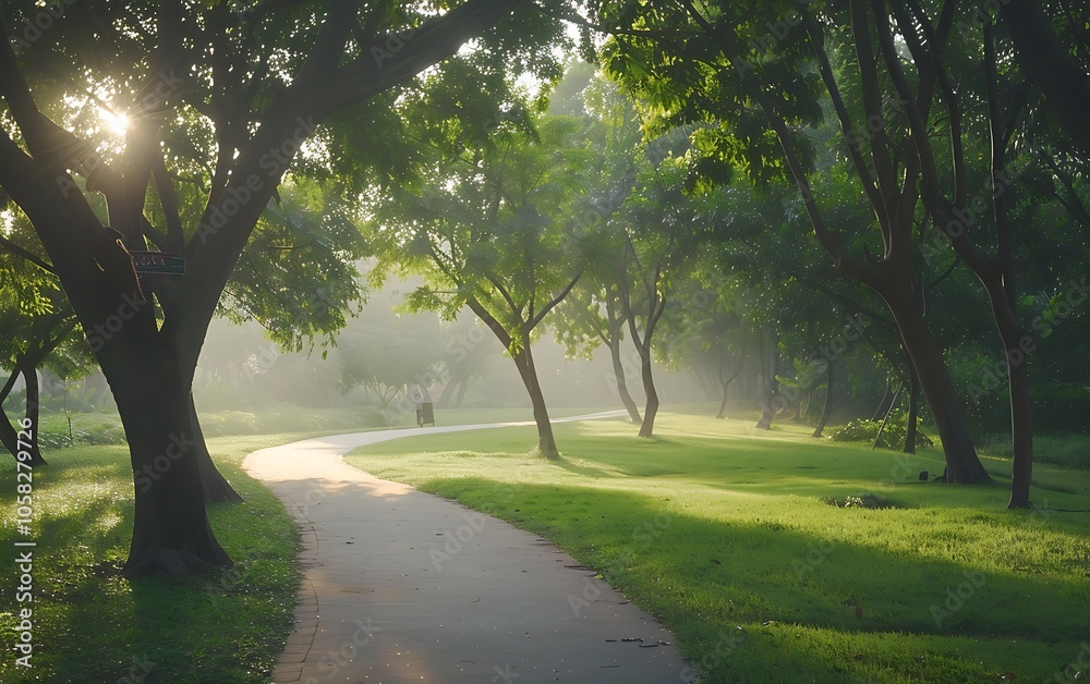 Poster a serene pathway in a sunlit park, bordered by lush trees and gentle mist, inviting tranquility and 