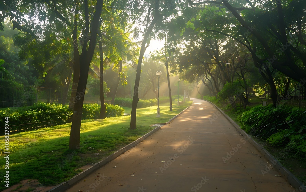 Poster a serene park pathway illuminated by soft sunlight filtering through lush trees, inviting a peaceful