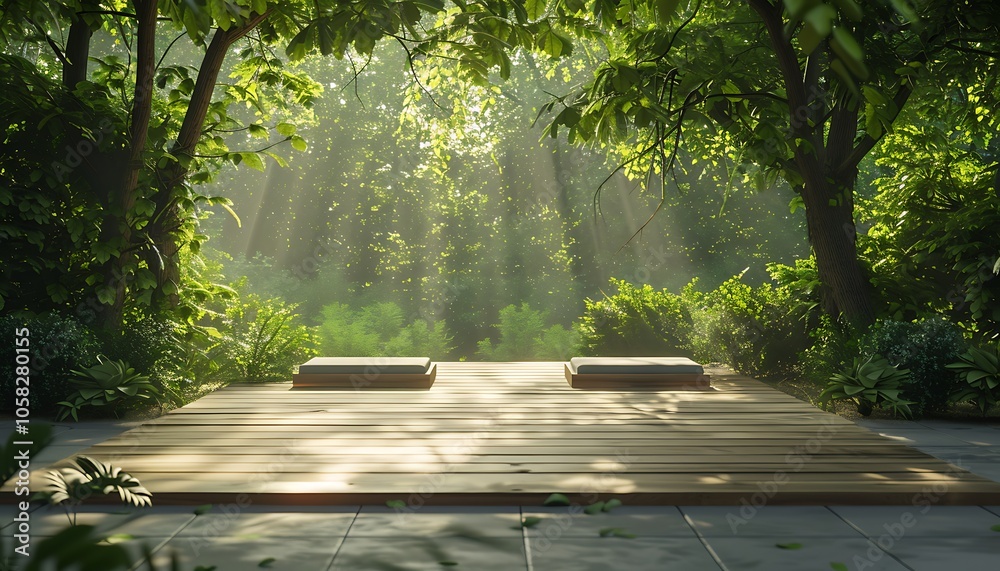 Poster A serene wooden platform surrounded by lush green foliage and soft light filtering through trees, creating a tranquil natural atmosphere.