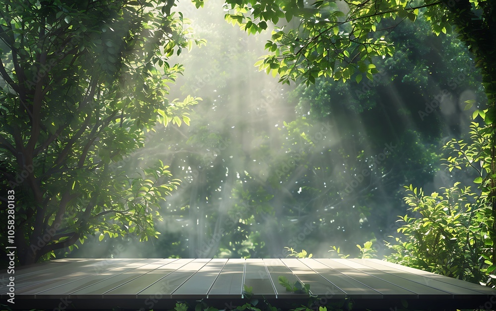 Aufkleber a serene forest scene with shafts of light streaming through trees, illuminating a wooden platform s