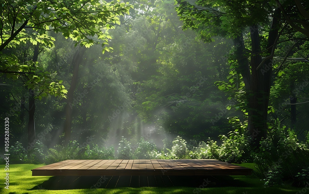 Aufkleber a serene forest scene featuring a wooden platform bathed in soft sunlight and surrounded by lush gre