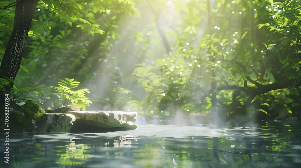 Aufkleber a serene, sunlit forest scene with mist rising from a calm water surface, surrounded by lush greener