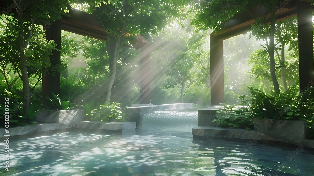 Poster a serene forest scene with gentle water flowing beneath sunlit beams filtering through lush greenery