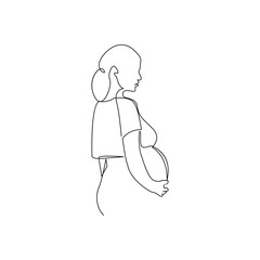 Vector in one continuous line drawing of pregnant woman Isolated on white background minimalist illustration, line art happy young mother holding her pregnant belly minimalist