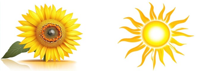 A vibrant sunflower alongside a bright sun illustration, evoking warmth and nature.