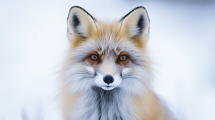 Obraz premium A stunning closeup shot of a fox with luxuriously fluffy fur, bathed in soft, warm lighting that highlights its expressive eyes and elegant features