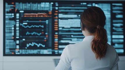 A professional analyzing data on a large screen, showcasing graphs and statistics in a modern office environment.