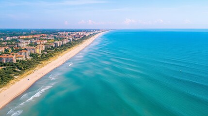 Fototapeta premium Adriatic Sea near town of Lignano Sabbiadoro Italy. Sea top coastline in Italy, Europe during summer sunny day. Turquoise blue water color Beautiful morning aerial view of empty sandy beach and waves.