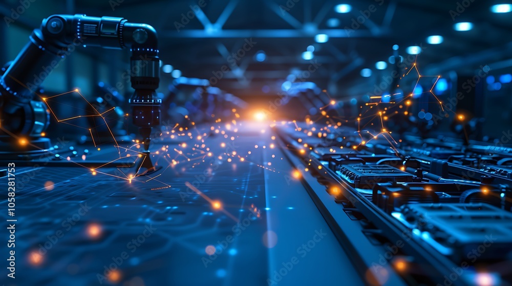 Poster a futuristic manufacturing scene featuring robotic arms and glowing circuitry, highlighting advanced