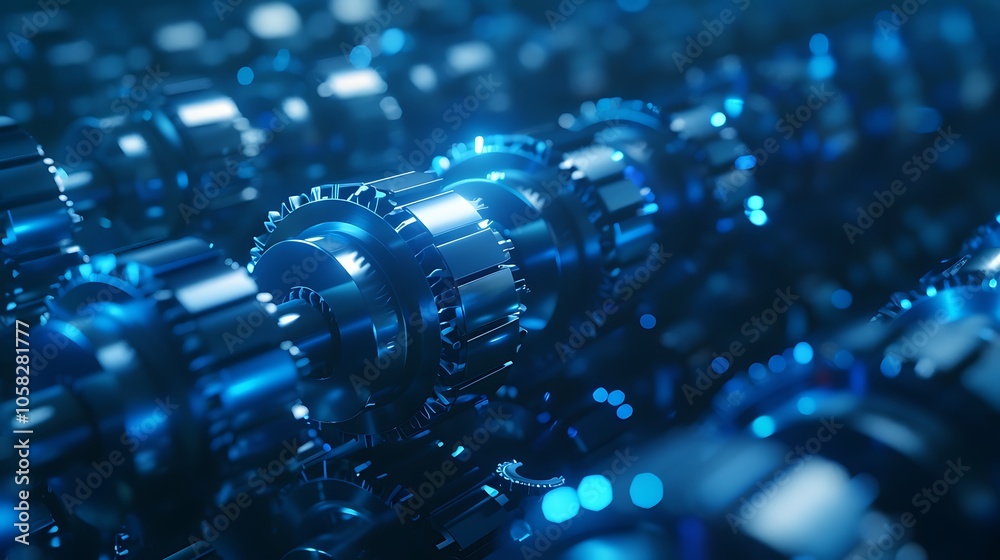 Aufkleber a close-up view of interconnected metallic gears illuminated by blue light, emphasizing intricate de