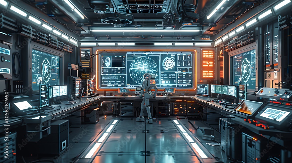Poster a futuristic control room filled with high-tech screens, monitors, and machinery, showcasing advance