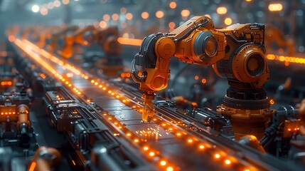 A robotic arm operates in a high-tech factory setting, showcasing advanced automation along an illuminated production line.