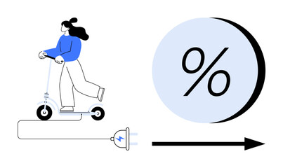 Woman riding electric scooter connected to charging plug, next to percentage symbol and arrow. Ideal for energy usage, eco-friendly transportation, electric vehicles, sustainability, renewable