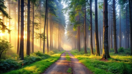 Fototapeta premium A serene and misty forest landscape at dawn with tall trees and a winding path leading into the distance, landscape, dawn, terrain, forest