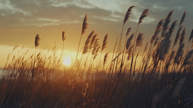 A view of the wildlife landscape at Kinburn Spit at sunrise. In the foreground is tall grass. Ukraine