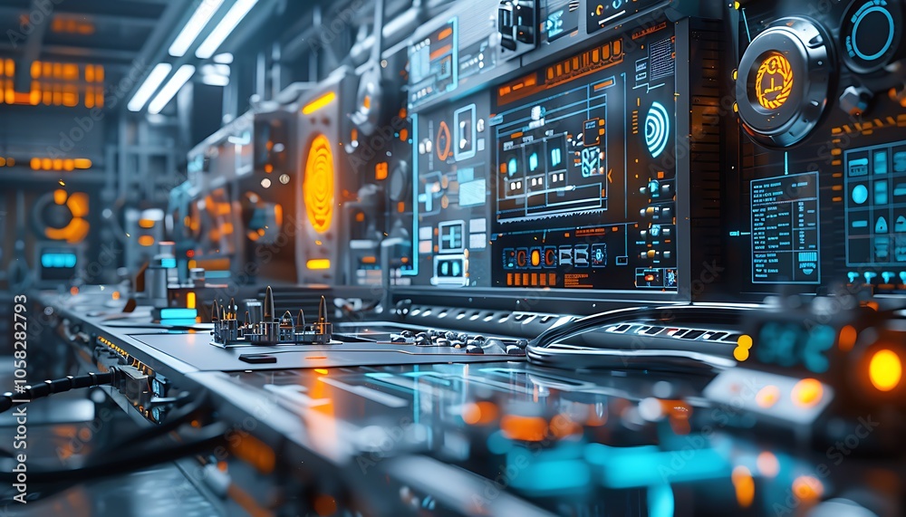 Aufkleber a futuristic control room filled with glowing screens and complex machinery, showcasing high-tech eq