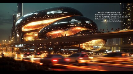 Futuristic photo of Museum of the future in Dubai at night. Busy city life. Traffic on the highway.

Translation: "We won't live for hundreds of years, but the products of our creativity can leave"