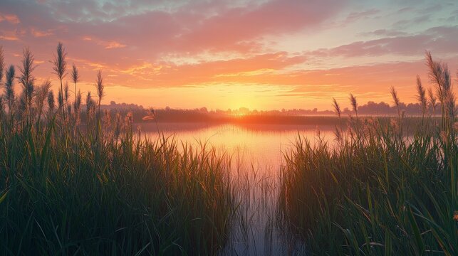 A view of the wildlife landscape at Kinburn Spit at sunrise. In the foreground is tall grass. Ukraine