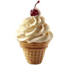 A cone filled with a swirl of soft serve ice cream and topped with a cherry, isolated on white background