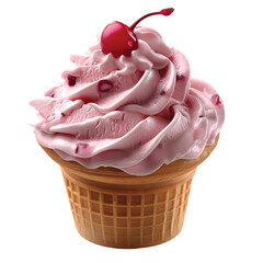A cone filled with a swirl of soft serve ice cream and topped with a cherry, isolated on white background