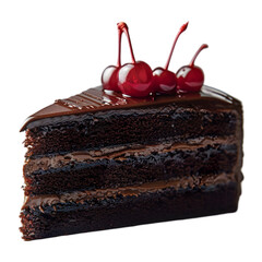 A delicious slice of chocolate cake with a cherry on top, isolated on white background