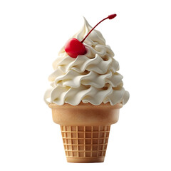 A cone filled with a swirl of soft serve ice cream and topped with a cherry, isolated on white background
