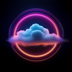 Obraz premium A glowing neon circle embraces a soft cloud under a starry night sky radiating colorful light. Generative AI
