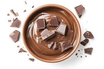 Top view of a bowl of melted milk chocolate with chocolate chunks on a white background
