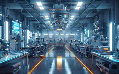 Obraz premium A high-tech laboratory featuring advanced equipment, bright lighting, and a clean, futuristic ambiance.