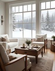 A cozy living room with white armchairs, a wooden coffee table, and a large window overlooking a snowy outdoor scene.