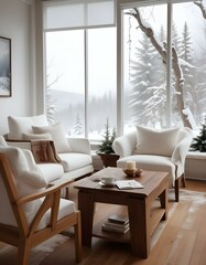 A cozy living room with white armchairs, a wooden coffee table, and a large window overlooking a snowy outdoor scene.