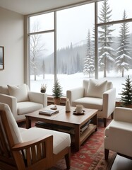 A cozy living room with white armchairs, a wooden coffee table, and a large window overlooking a snowy outdoor scene.